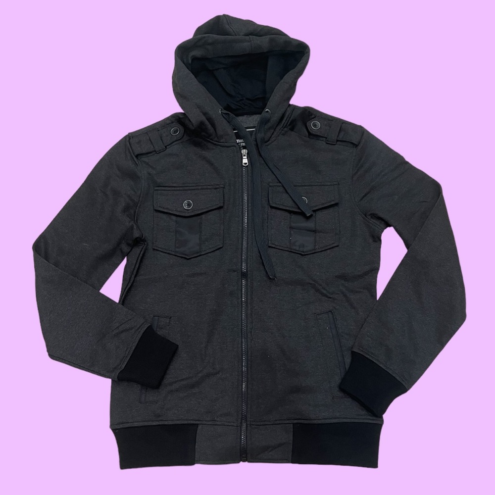 Men’s 50s 60s inspired hoodie jacket with a hood with a black and gray material